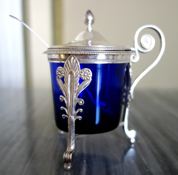 Sterling silver mustard pot and its cobalt blue crystal glass - early 19th century