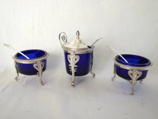 Sterling silver mustard pot and its cobalt blue crystal glass - early 19th century
