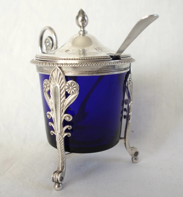 Sterling silver mustard pot and its cobalt blue crystal glass - early 19th century
