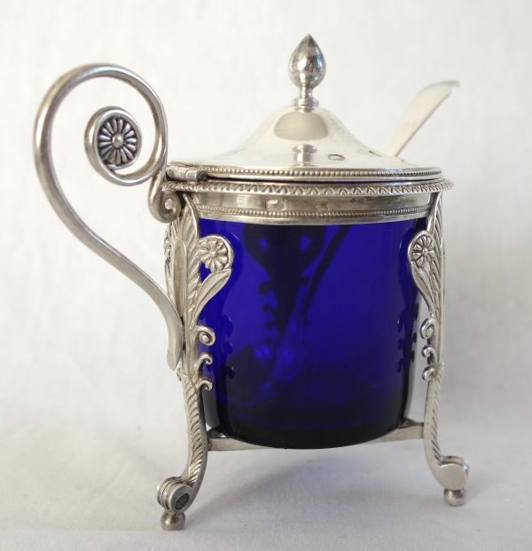Sterling silver mustard pot and its cobalt blue crystal glass - early 19th century