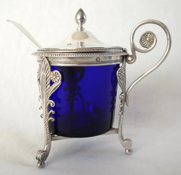 Sterling silver mustard pot and its cobalt blue crystal glass - early 19th century