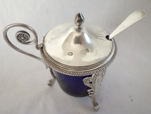Sterling silver mustard pot and its cobalt blue crystal glass - early 19th century