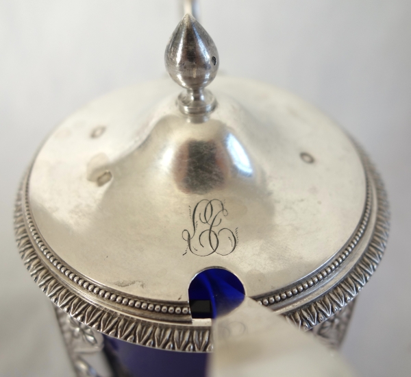 Sterling silver mustard pot and its cobalt blue crystal glass - early 19th century