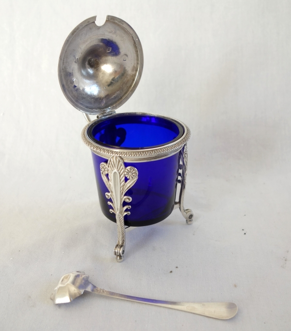 Sterling silver mustard pot and its cobalt blue crystal glass - early 19th century