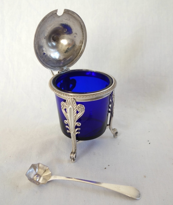 Sterling silver mustard pot and its cobalt blue crystal glass - early 19th century