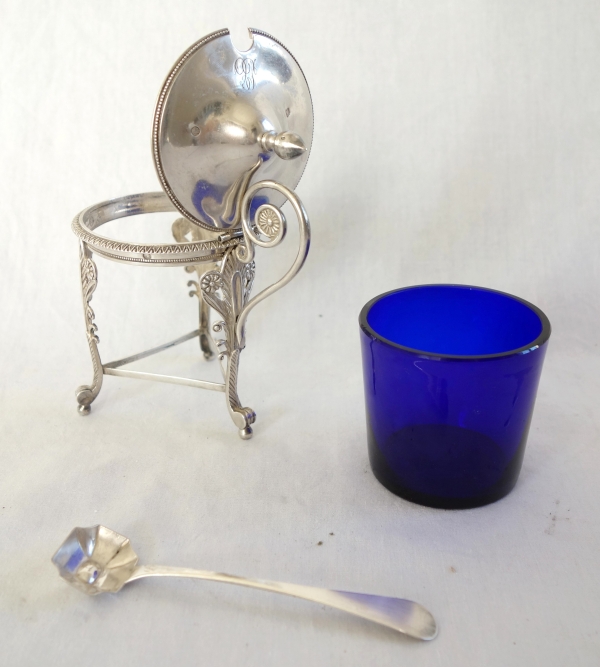 Sterling silver mustard pot and its cobalt blue crystal glass - early 19th century