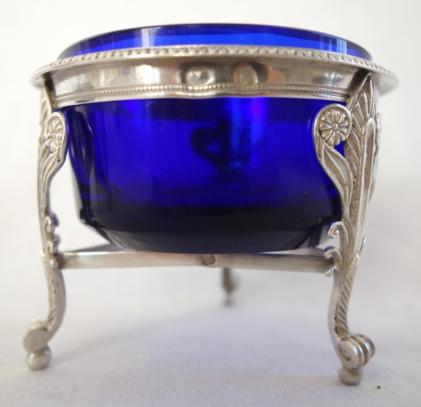 Pair of sterling silver salt cellars and their cobalt blue crystal glass - early 19th century