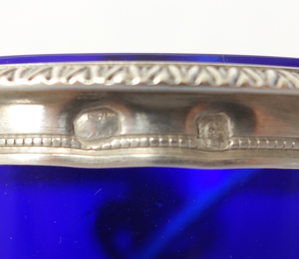 Pair of sterling silver salt cellars and their cobalt blue crystal glass - early 19th century