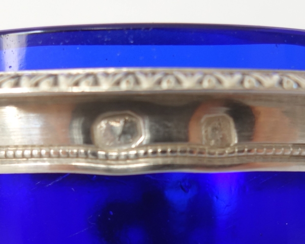 Pair of sterling silver salt cellars and their cobalt blue crystal glass - early 19th century