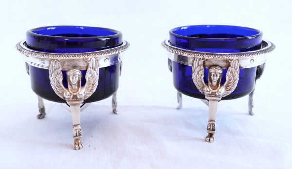 Pair of Empire sterling silver and crystal salt cellars, early 19th century