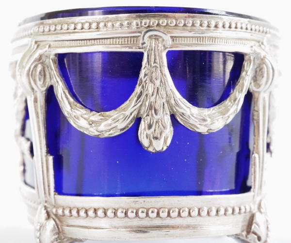 Pair of Louis XVI style sterling silver salt cellars & blue Baccarat glass