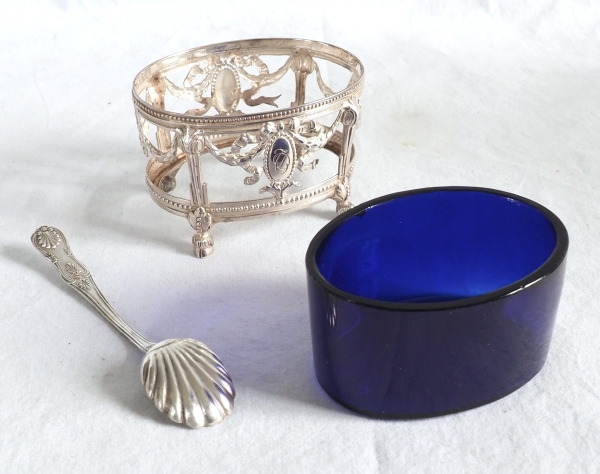 Pair of Louis XVI style sterling silver salt cellars & blue Baccarat glass