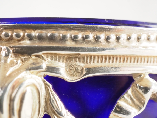 Pair of Louis XVI style sterling silver salt cellars & blue Baccarat glass