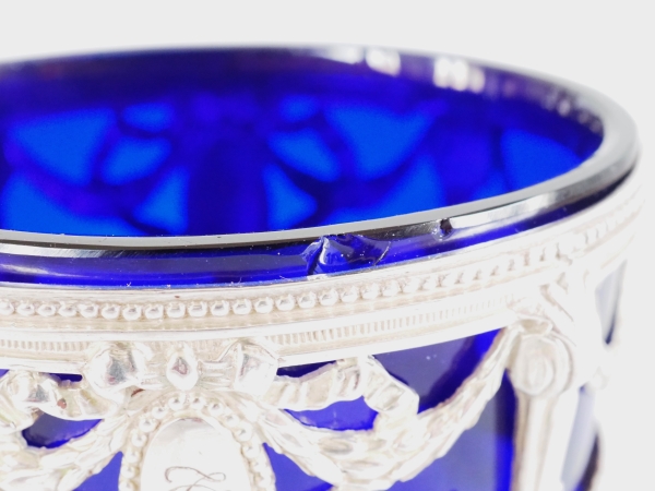 Pair of Louis XVI style sterling silver salt cellars & blue Baccarat glass