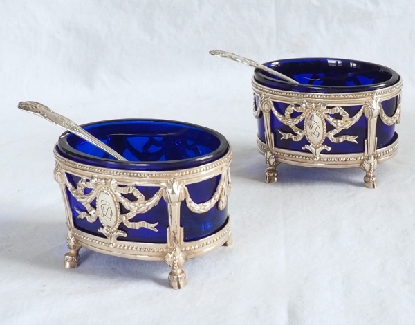 Pair of Louis XVI style sterling silver salt cellars & blue Baccarat glass