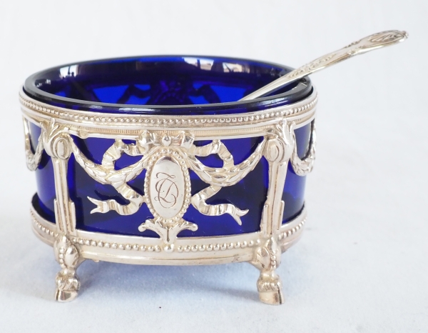 Pair of Louis XVI style sterling silver salt cellars & blue Baccarat glass