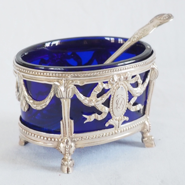 Pair of Louis XVI style sterling silver salt cellars & blue Baccarat glass