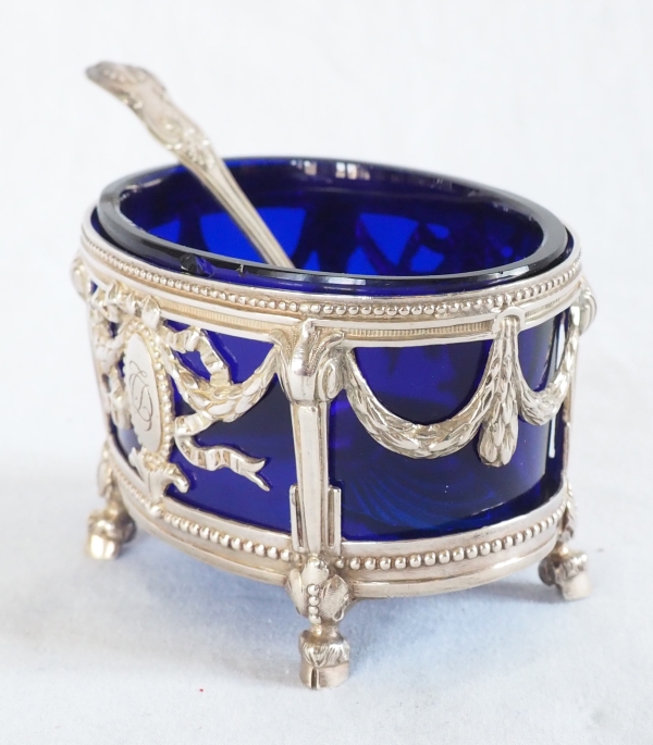 Pair of Louis XVI style sterling silver salt cellars & blue Baccarat glass
