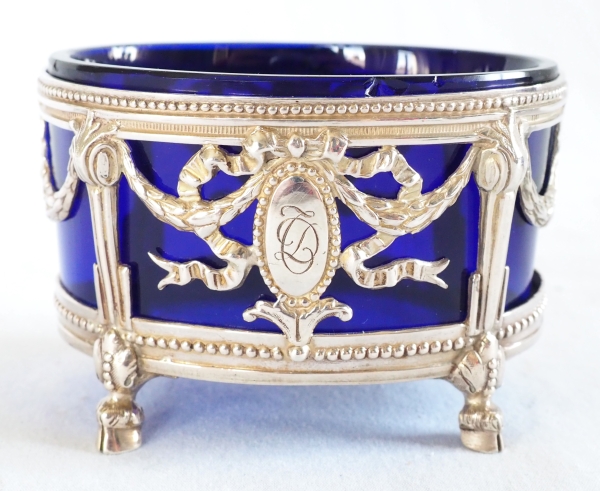 Pair of Louis XVI style sterling silver salt cellars & blue Baccarat glass
