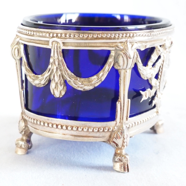 Pair of Louis XVI style sterling silver salt cellars & blue Baccarat glass