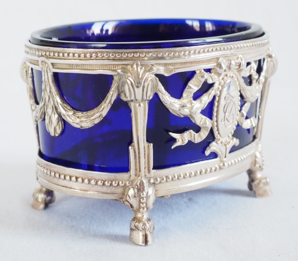 Pair of Louis XVI style sterling silver salt cellars & blue Baccarat glass