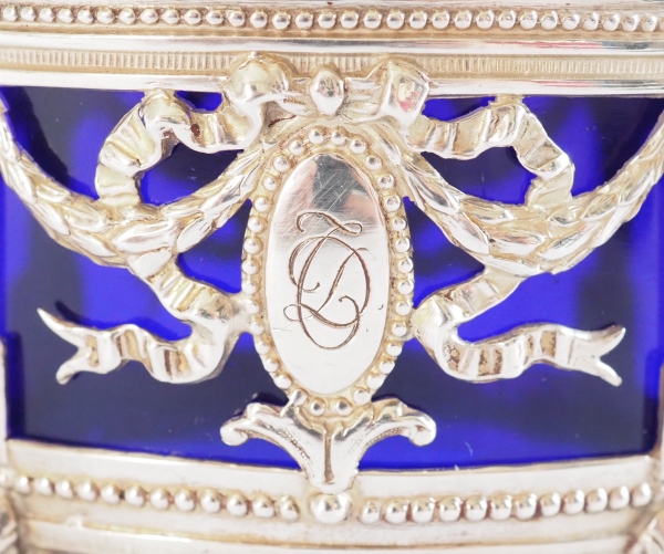 Pair of Louis XVI style sterling silver salt cellars & blue Baccarat glass