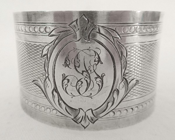 Rond de serviette en argent massif de style Louis XVI, monogramme FG, poinçon Minerve