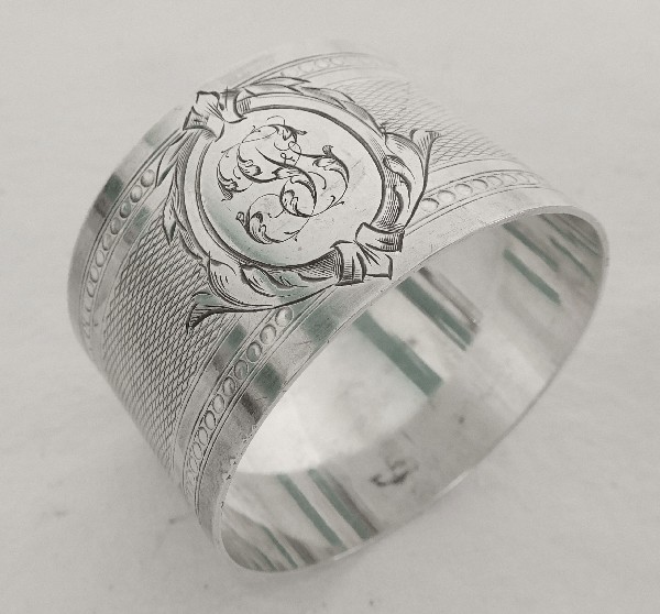 Antique French sterling silver napkin ring, Louis XVI style, FG monogram 