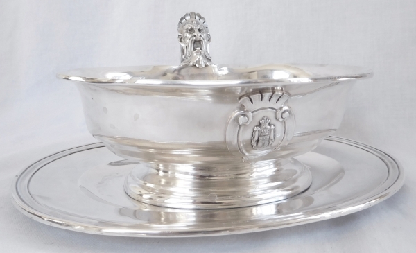 Regency-style sterling silver gravy boat, coat of arms and Duke crown - silversmith Jules Piault