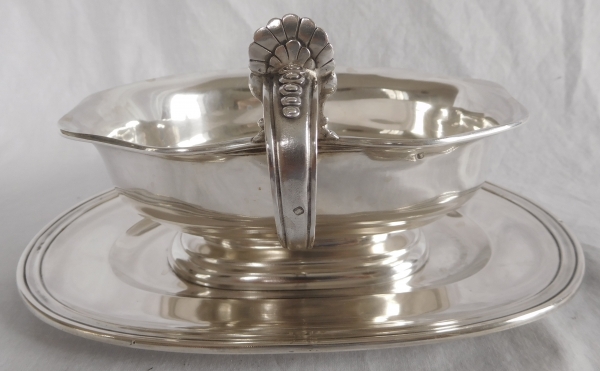 Regency-style sterling silver gravy boat, coat of arms and Duke crown - silversmith Jules Piault