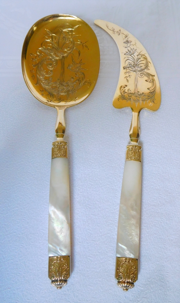 Vermeil and mother of pearl ice cream serving set, silversmith Paul Canaux