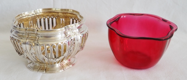 Sterling silver, vermeil and Baccarat crystal Louis XVI style sugar bowl