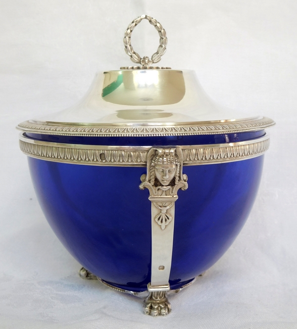 Empire style sterling silver and blue crystal sugar pot, silversmith Paul Canaux