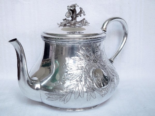 Very large antique French sterling silver tea pot, Louis XVI style, silversmith Odiot