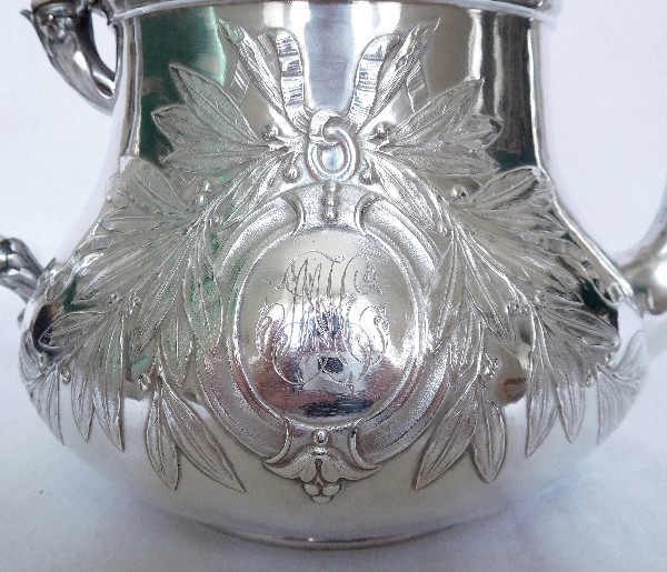 Very large antique French sterling silver tea pot, Louis XVI style, silversmith Odiot