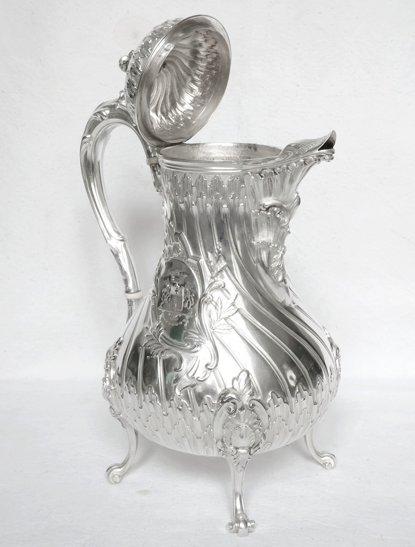 Sterling silver Rococo style coffee pot, coat of arms engraved, silversmith Tetard