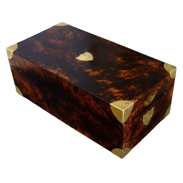 Boîte, coffret de marine d'époque Empire en placage de loupe et laiton