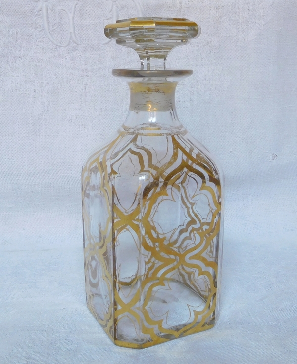 Cave à liqueur Napoléon III en marqueterie Boulle, 4 carafes & 16 verres en cristal doré orientaliste