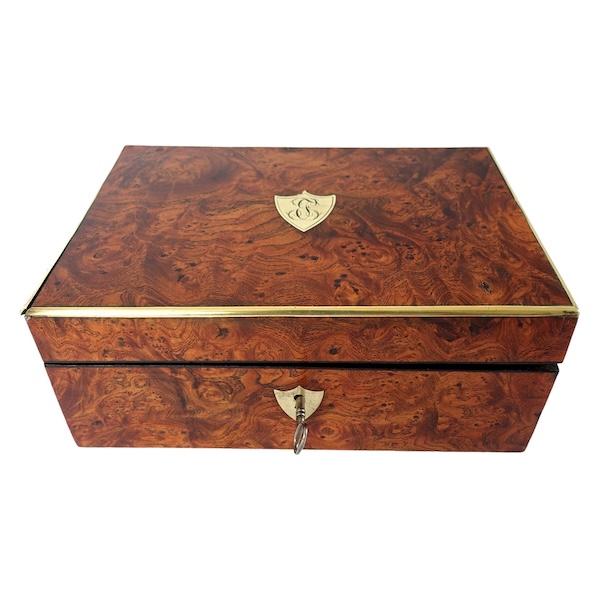 Empire burr wood and brass jewelry box, JE or EJ monogram