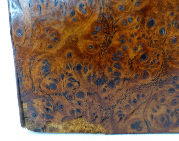 Empire burr wood and brass jewelry box, JE or EJ monogram