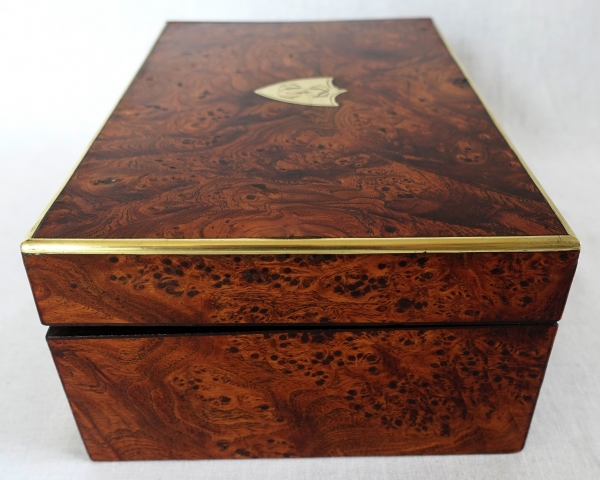 Empire burr wood and brass jewelry box, JE or EJ monogram