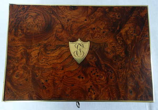 Empire burr wood and brass jewelry box, JE or EJ monogram