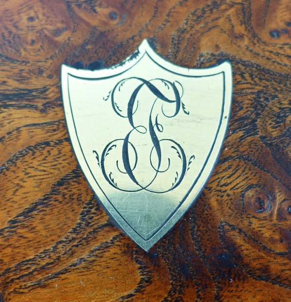 Empire burr wood and brass jewelry box, JE or EJ monogram