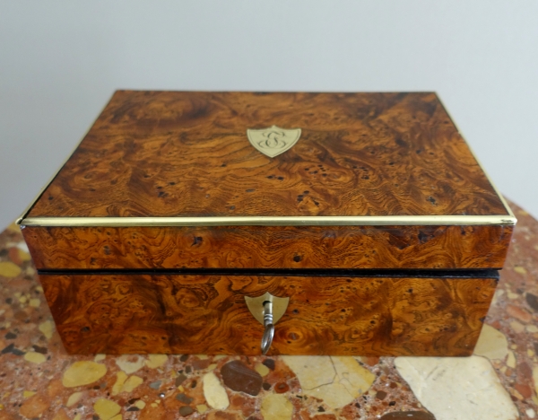 Empire burr wood and brass jewelry box, JE or EJ monogram