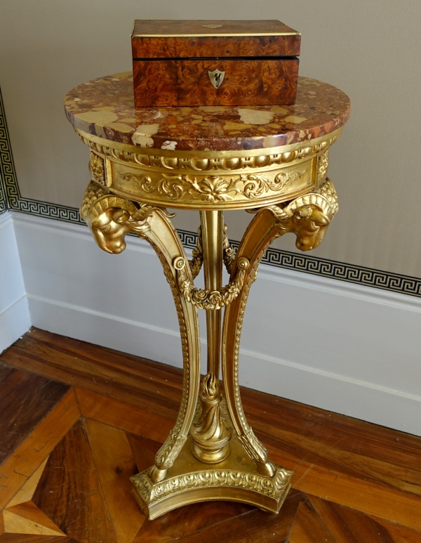 Empire burr wood and brass jewelry box, JE or EJ monogram