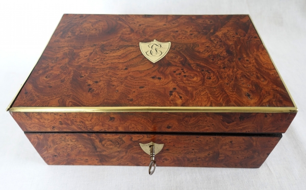 Empire burr wood and brass jewelry box, JE or EJ monogram