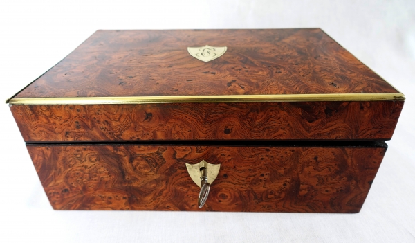 Empire burr wood and brass jewelry box, JE or EJ monogram
