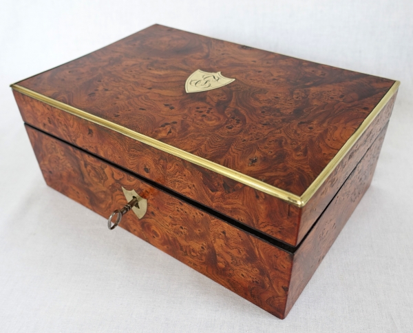 Empire burr wood and brass jewelry box, JE or EJ monogram