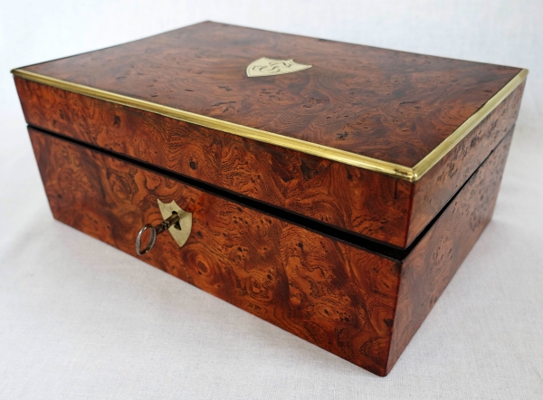 Empire burr wood and brass jewelry box, JE or EJ monogram