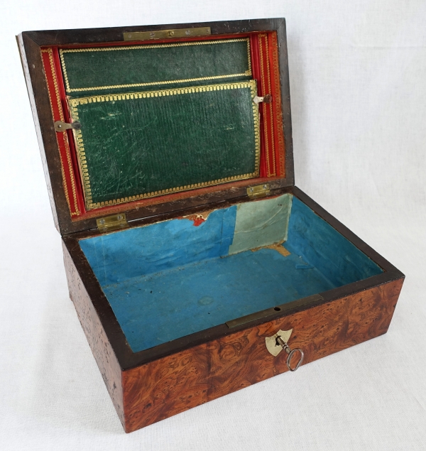 Empire burr wood and brass jewelry box, JE or EJ monogram